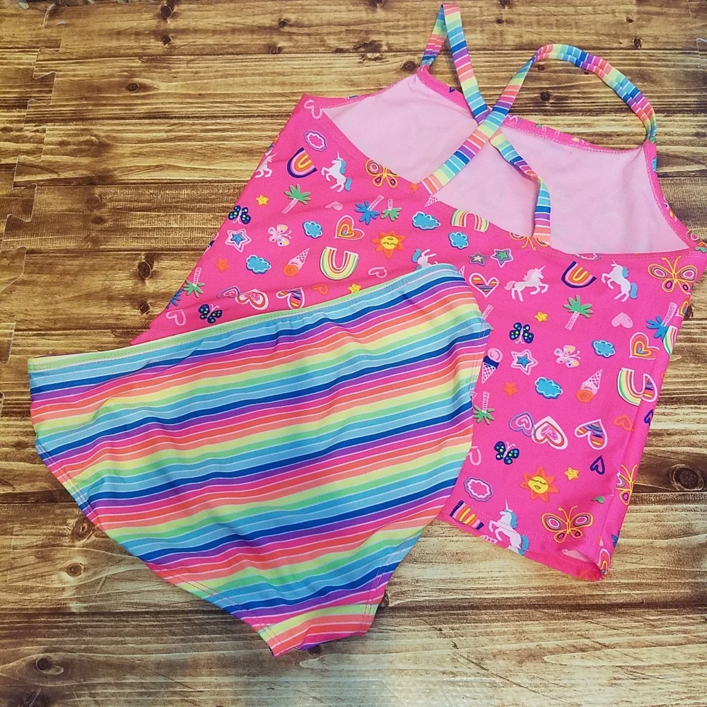 Wonder Nation Girls XL 14-16 Pink Unicorn Tankini Rainbow Swimsuit Set